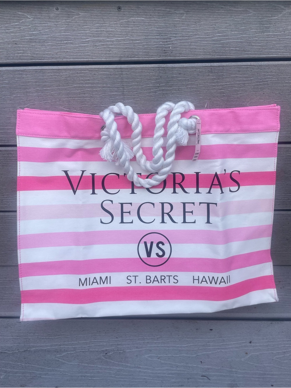Victoria's Secret Pink White Stripe Beach Tote Bag VS Miami St Barts Hawaii NEW